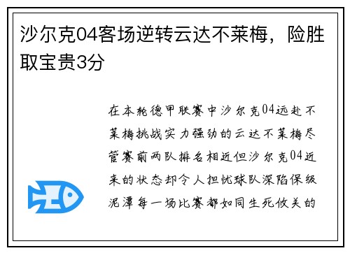 沙尔克04客场逆转云达不莱梅，险胜取宝贵3分